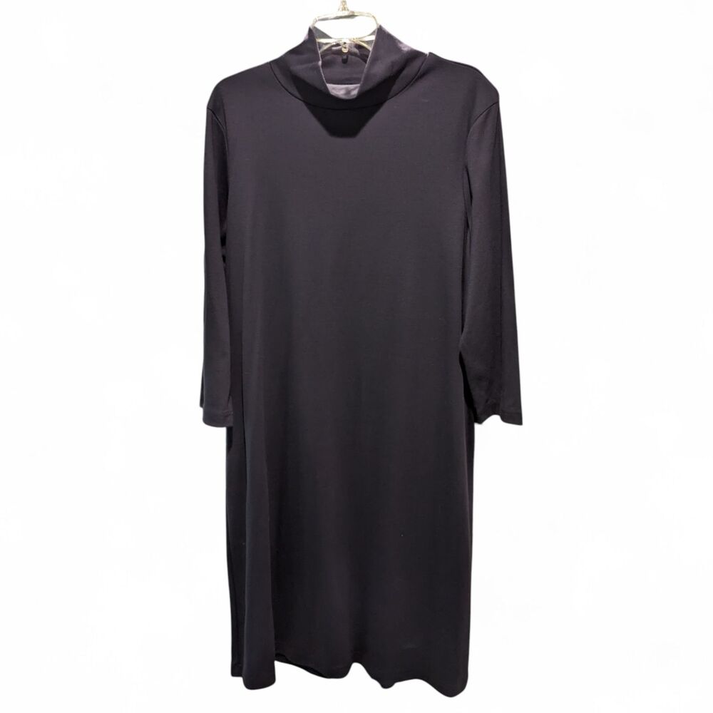 L.L.Bean XL Cotton Dress Navy Blue Midi Minimalist Casual T-Shirt Soft Cowl Neck